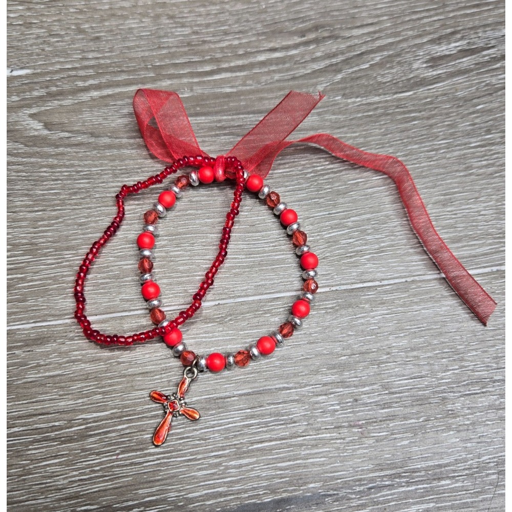 Vintage Red Beaded Cross Bracelet & Beaded Ribbon Jewelry Handmade Gift Love